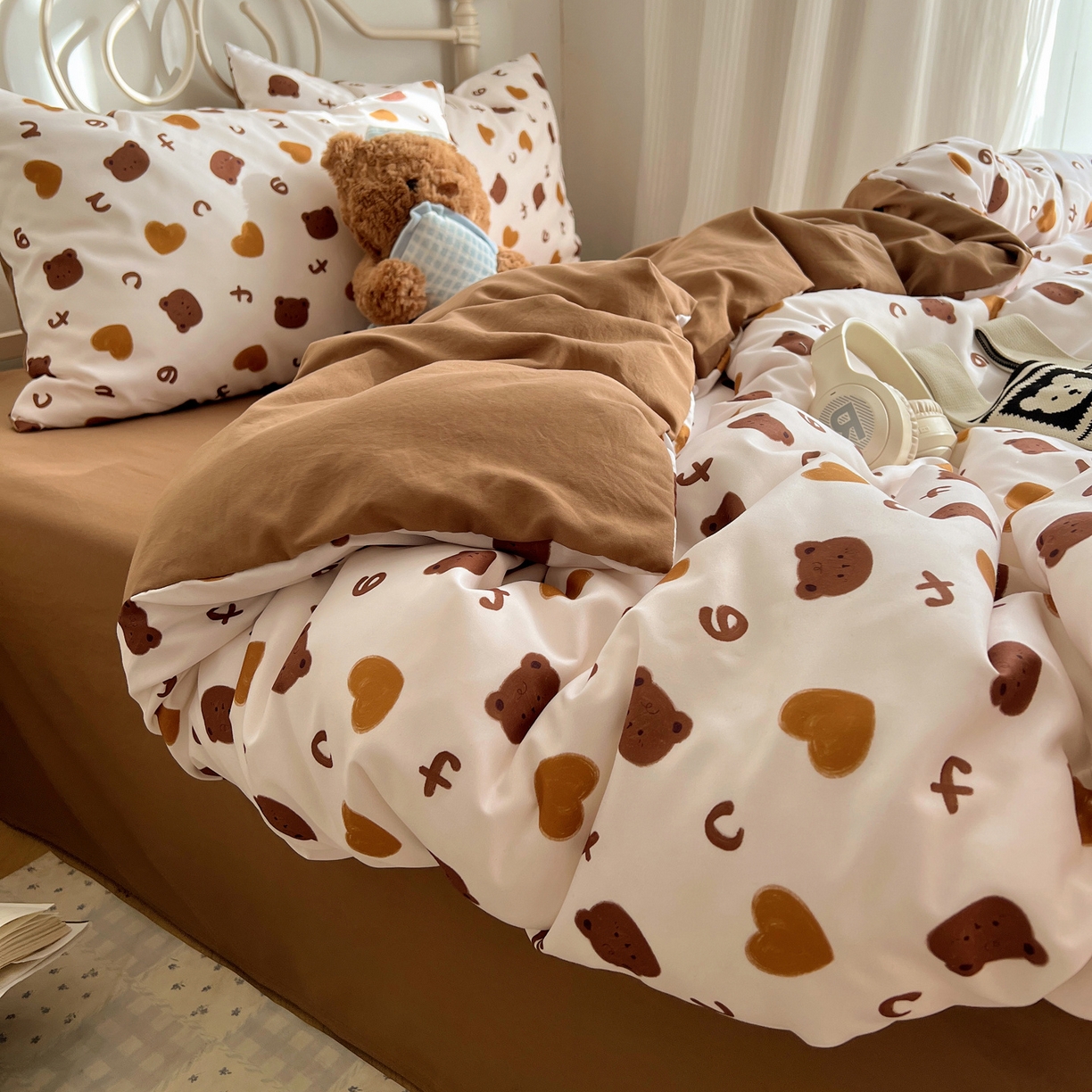 繁花家居 2026简单款水洗棉四件套学生床三件套 咖心小熊