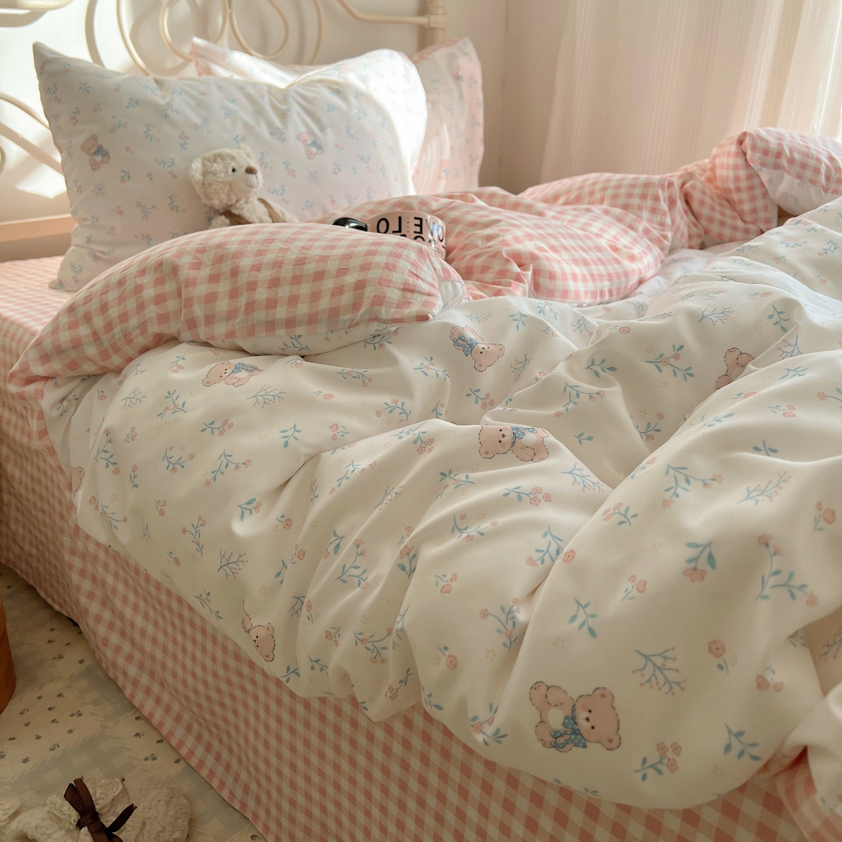 繁花家居 2026简单款水洗棉四件套学生床三件套 粉格-小花熊