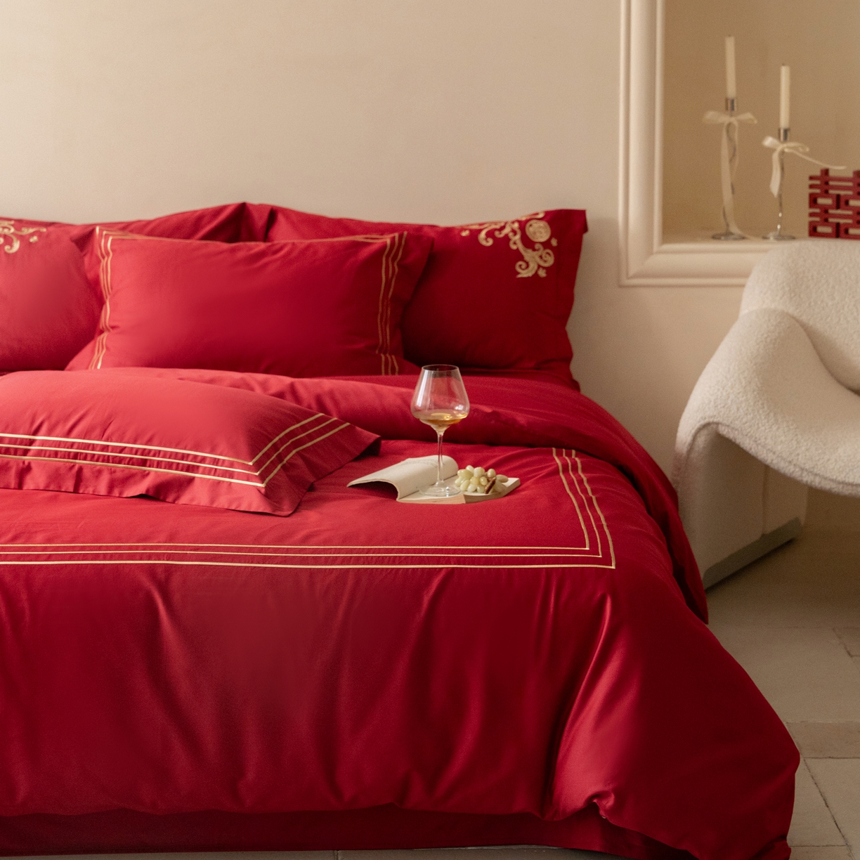 91家纺网 家纺一手货源 找家纺 （总）ONE TWO ONE 121 【会员-20】 【控价商品】【提供买家秀】  2026新款100s长绒棉全棉床上用品结婚四件套刺绣款