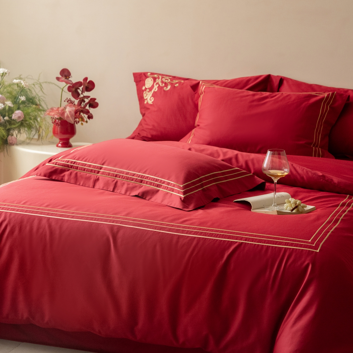 91家纺网 家纺一手货源 找家纺 （总）ONE TWO ONE 121 【会员-20】 【控价商品】【提供买家秀】  2026新款100s长绒棉全棉床上用品结婚四件套刺绣款