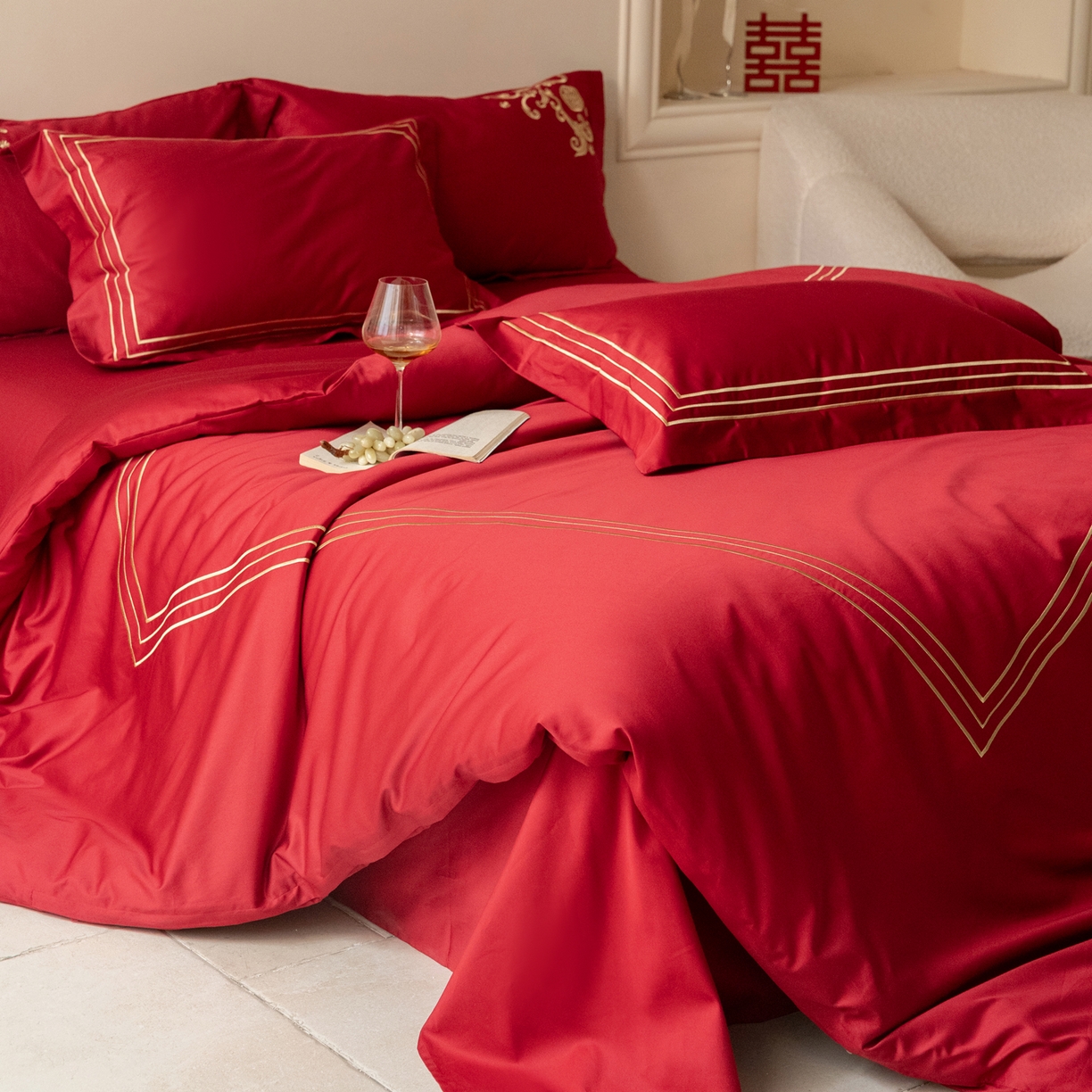 91家纺网 家纺一手货源 找家纺 （总）ONE TWO ONE 121 【会员-20】 【控价商品】【提供买家秀】  2026新款100s长绒棉全棉床上用品结婚四件套刺绣款