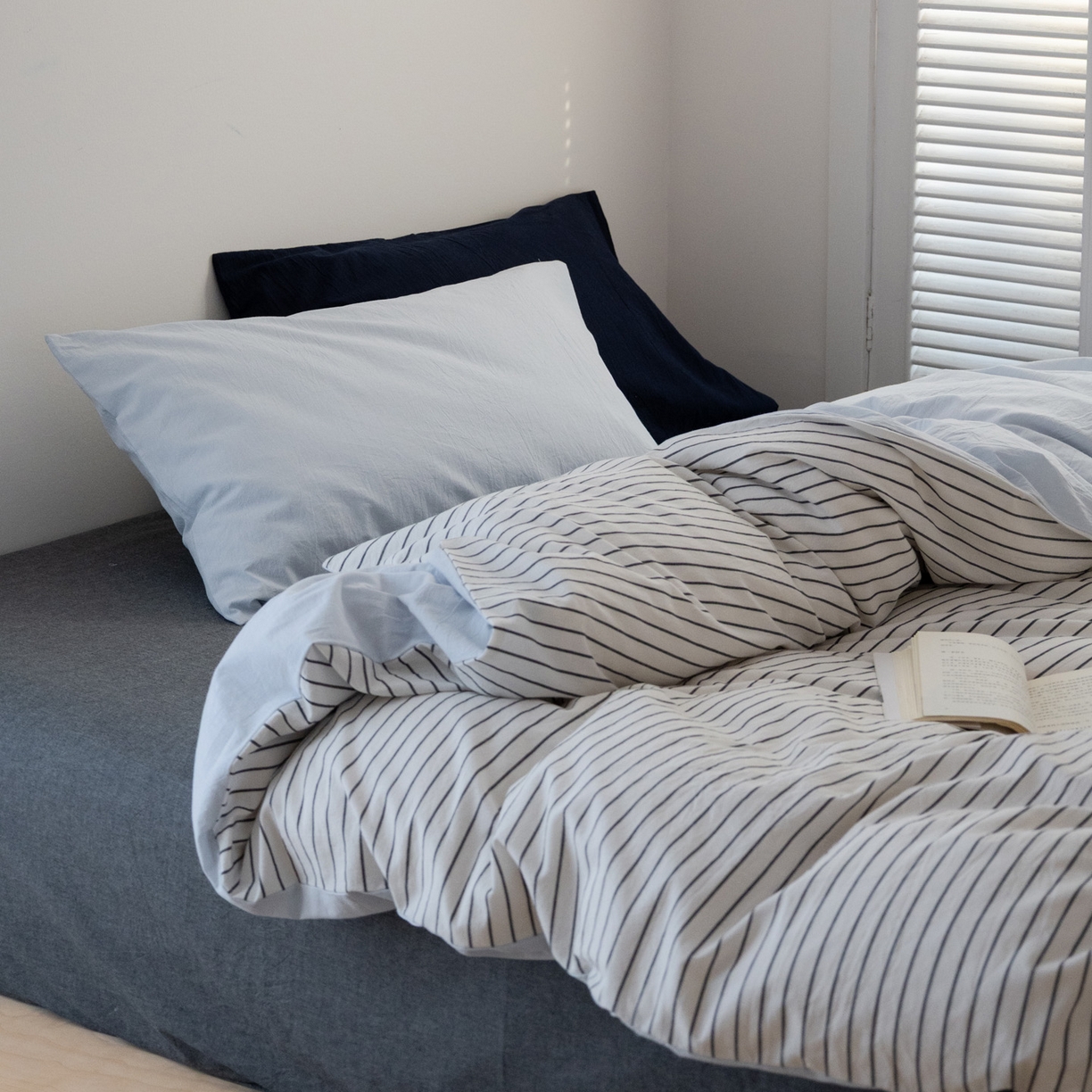 艾沁家纺 2026新款全棉色织水洗棉格子条纹混搭四件套 北海道-枕套（浅蓝+藏蓝）