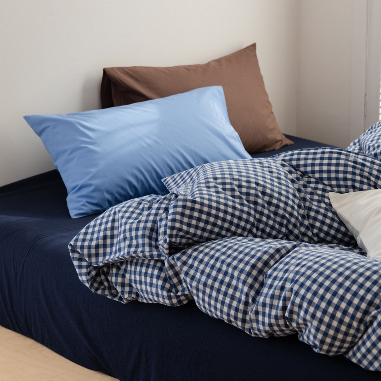 艾沁家纺 2026新款全棉色织水洗棉格子条纹混搭四件套 佛罗伦萨-枕套（天真蓝+巧克力）