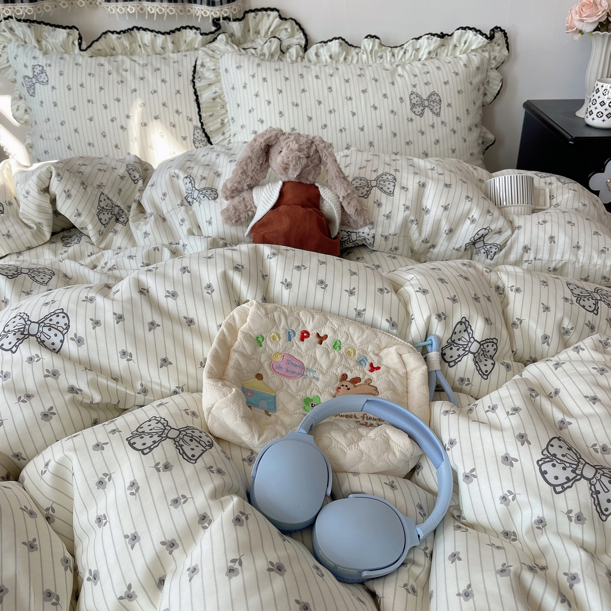 91家纺网 家纺一手货源 找家纺 三朵家纺 2026新款40支13070全棉纯棉韩版法式花边四件套 圆点蝴蝶结