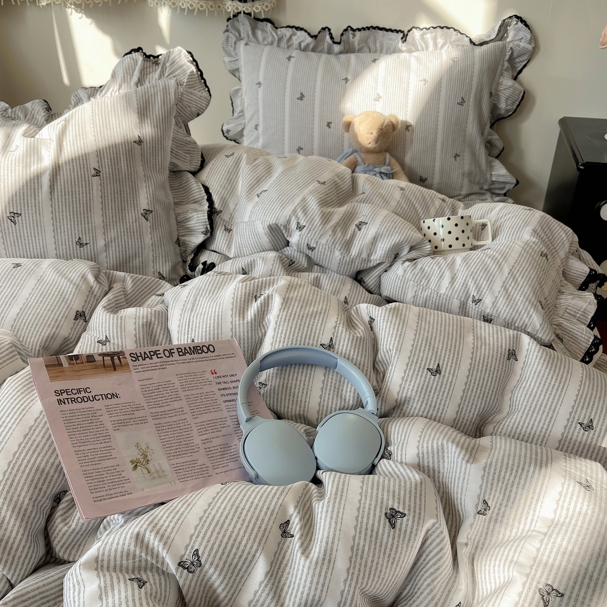 91家纺网 家纺一手货源 找家纺 三朵家纺 2026新款40支13070全棉纯棉韩版法式花边四件套 蝶舞飞扬