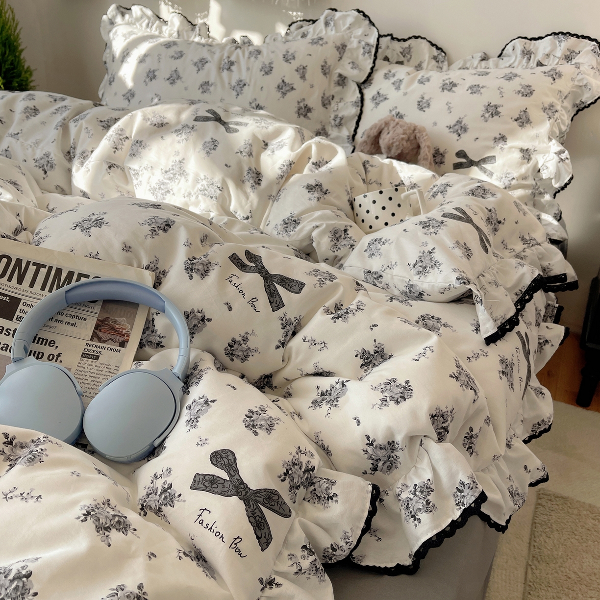 91家纺网 家纺一手货源 找家纺 三朵家纺 2026新款40支13070全棉纯棉韩版法式花边四件套 蝴蝶花语