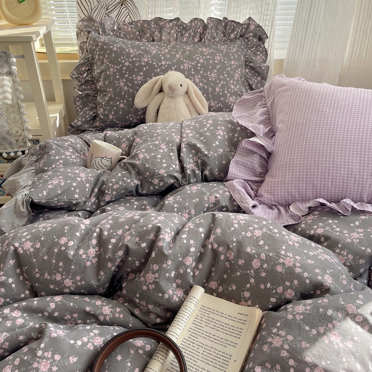 91家纺网 家纺一手货源 找家纺 三朵家纺 2026新款A类云柔水洗棉韩版法式花边云朵棉四件套 罗逸维绿