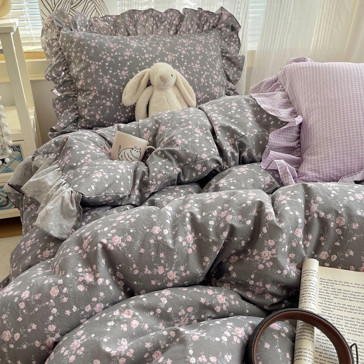 91家纺网 家纺一手货源 找家纺 三朵家纺 2026新款A类云柔水洗棉韩版法式花边云朵棉四件套 罗逸维绿