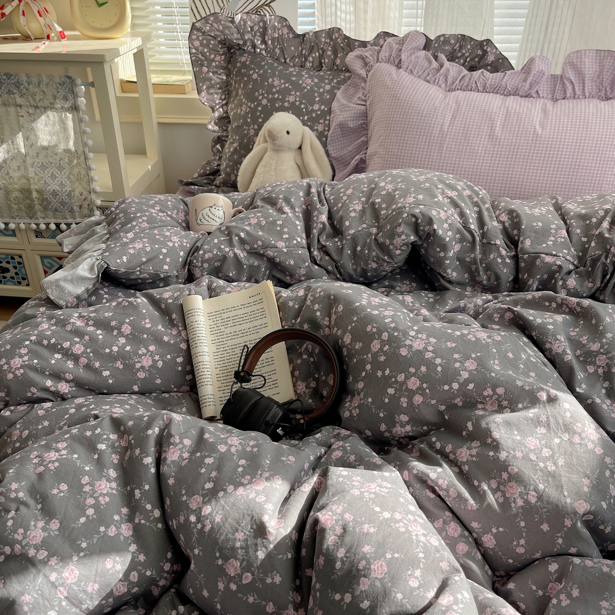 91家纺网 家纺一手货源 找家纺 三朵家纺 2026新款A类云柔水洗棉韩版法式花边云朵棉四件套 罗逸维绿