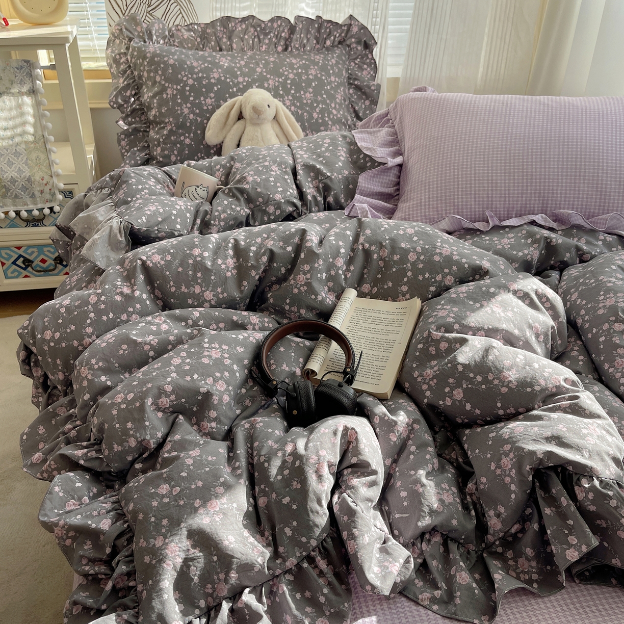 91家纺网 家纺一手货源 找家纺 三朵家纺 2026新款A类云柔水洗棉韩版法式花边云朵棉四件套 罗逸维绿