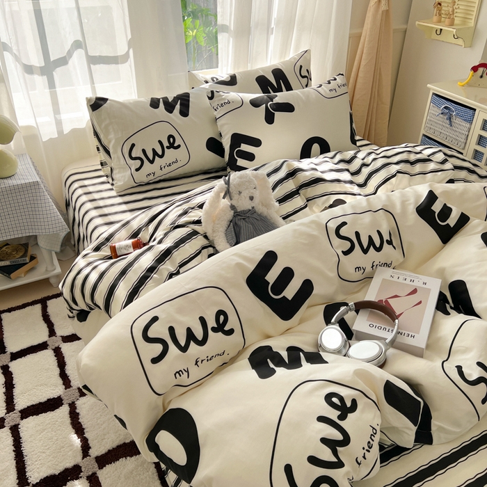 91家纺网 家纺一手货源 找家纺 曼之夏 2026新款全棉印花花卉四件套 奶油字母