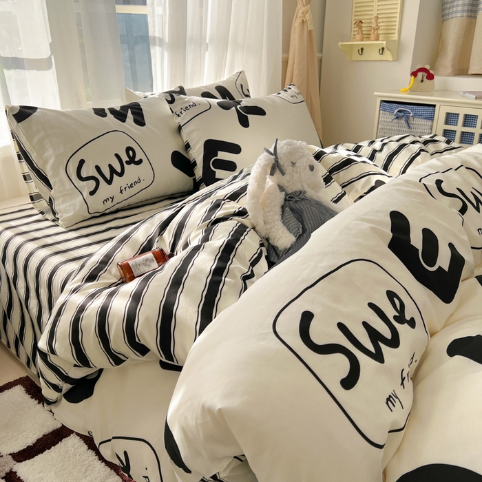 91家纺网 家纺一手货源 找家纺 曼之夏 2026新款全棉印花花卉四件套 奶油字母