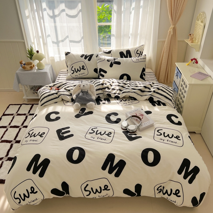 91家纺网 家纺一手货源 找家纺 曼之夏 2026新款全棉印花花卉四件套 奶油字母