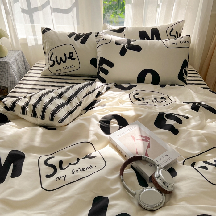 91家纺网 家纺一手货源 找家纺 曼之夏 2026新款全棉印花花卉四件套 奶油字母