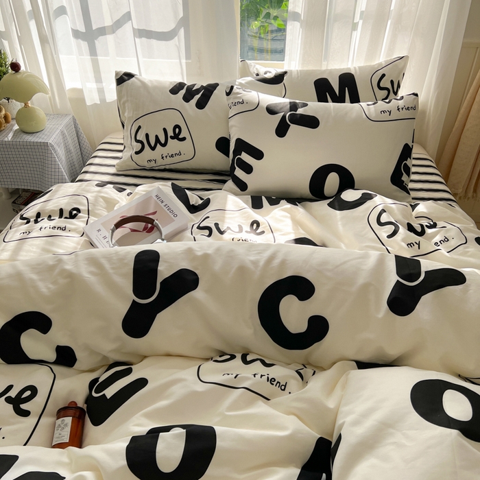 91家纺网 家纺一手货源 找家纺 曼之夏 2026新款全棉印花花卉四件套 奶油字母