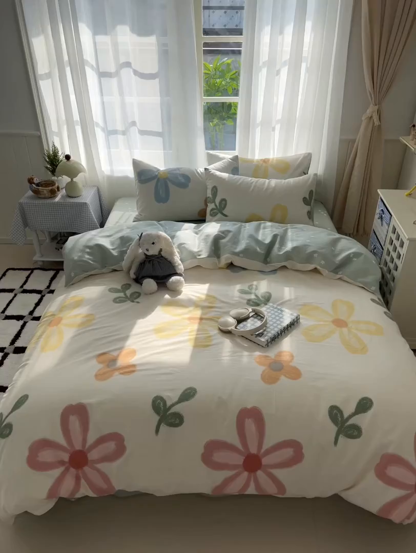 91家纺网 家纺一手货源 找家纺 曼之夏 2026新款全棉印花花卉四件套 五彩花朵