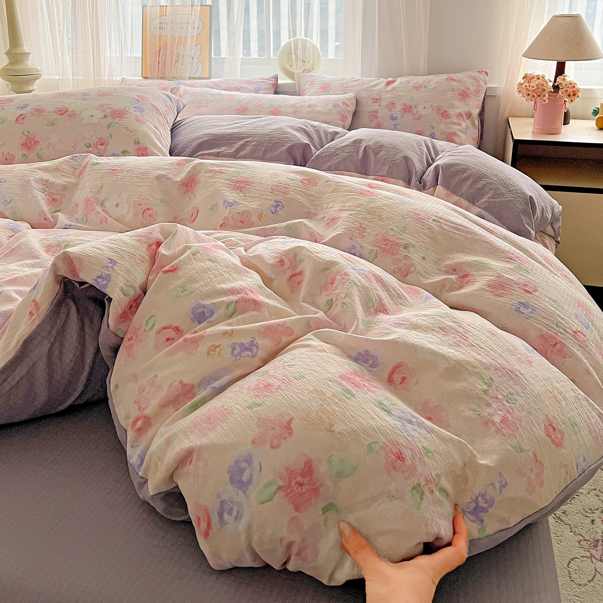 91家纺网 家纺一手货源 找家纺 灿哈 2026新款双层纱木棉水洗棉单品套件