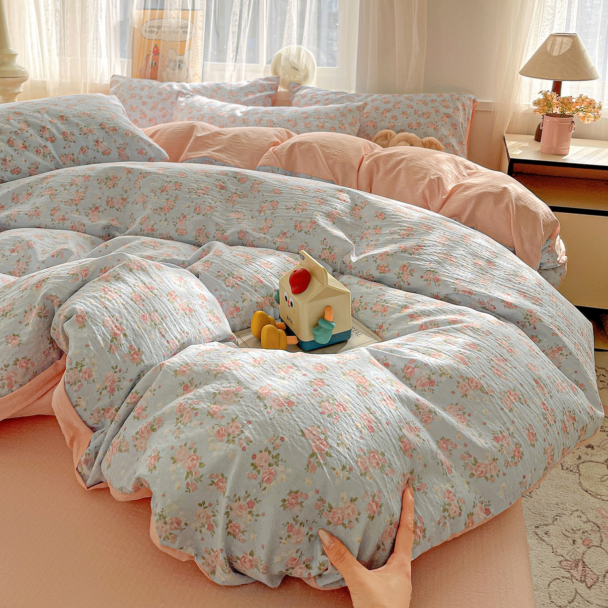 91家纺网 家纺一手货源 找家纺 灿哈 2026新款双层纱木棉水洗棉单品套件