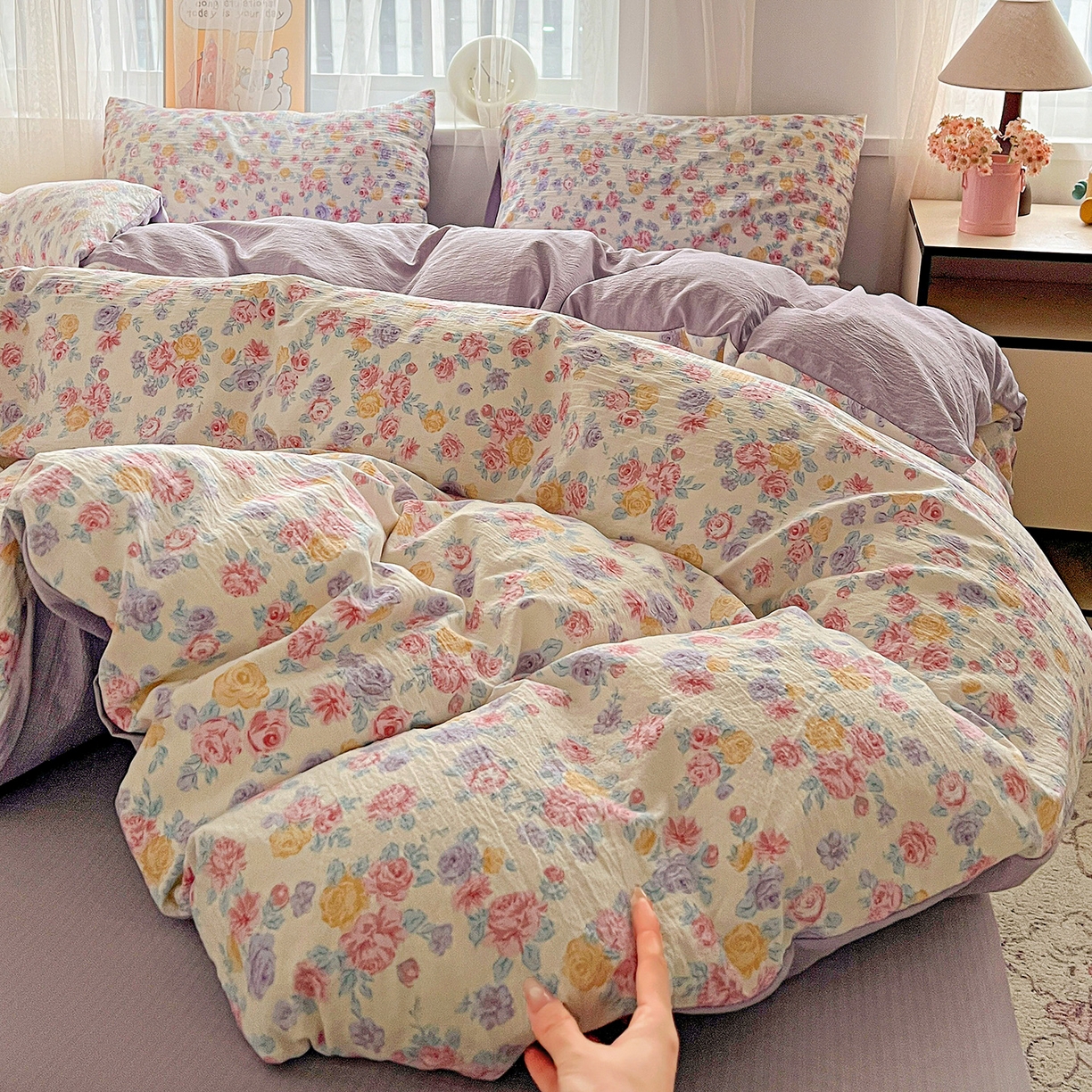 91家纺网 家纺一手货源 找家纺 灿哈 2026新款双层纱木棉水洗棉单品套件