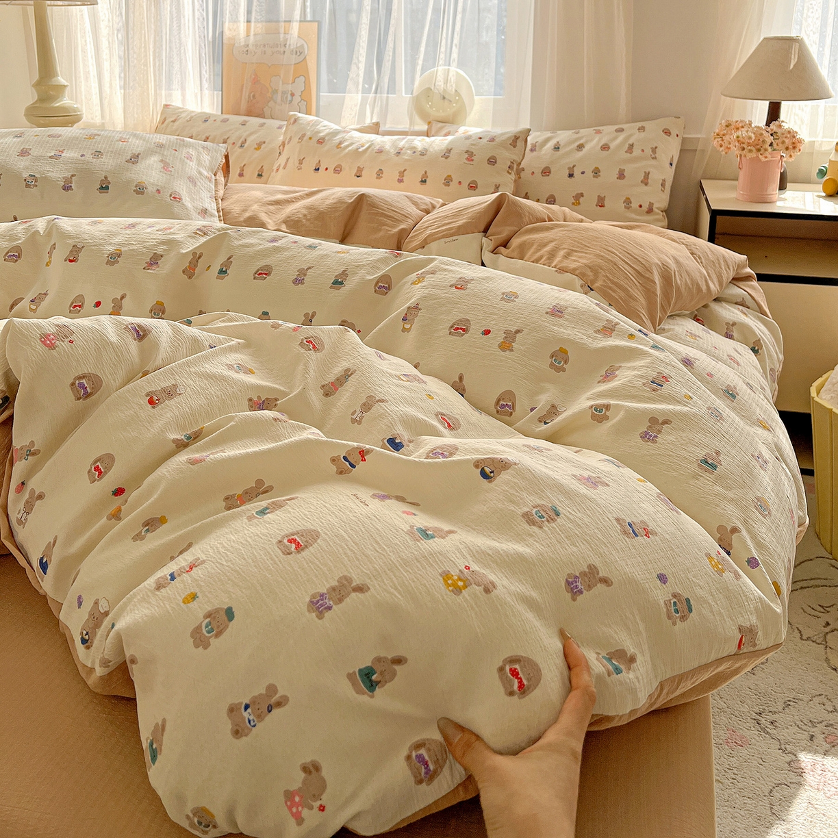 91家纺网 家纺一手货源 找家纺 灿哈 2026新款双层纱木棉水洗棉单品套件