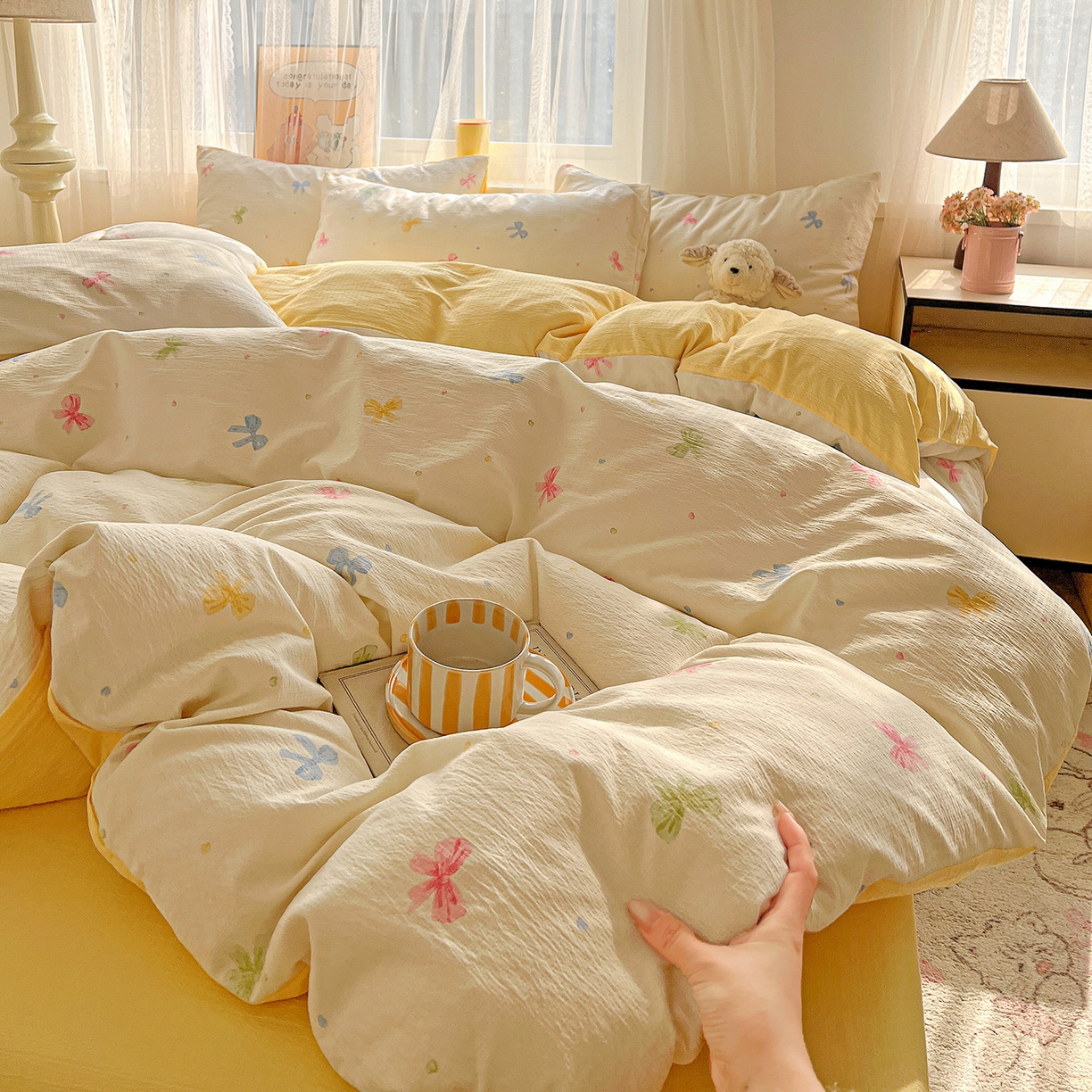 91家纺网 家纺一手货源 找家纺 灿哈 2026新款双层纱木棉水洗棉单品套件