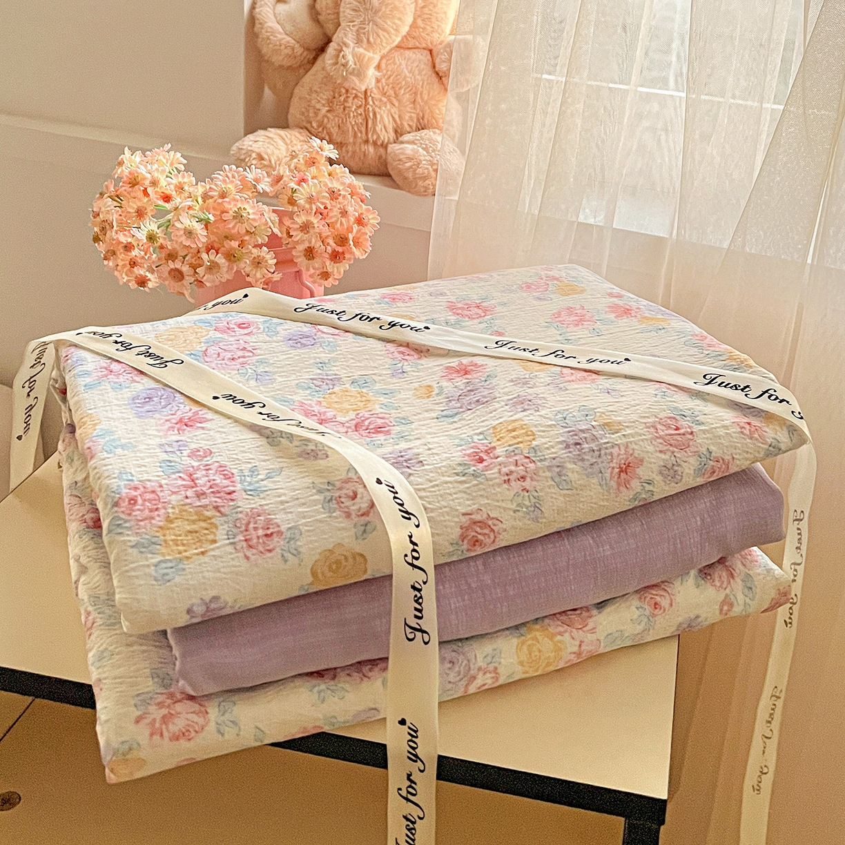 91家纺网 家纺一手货源 找家纺 灿哈家纺 2026新款双层纱木棉水洗棉单品套件