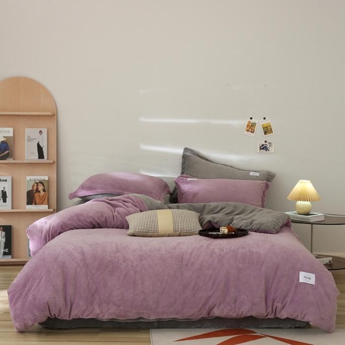 91家纺网 家纺一手货源 找家纺 日式无印风纯色拼色高克重230克宝宝绒牛奶绒华夫格四件套 紫色