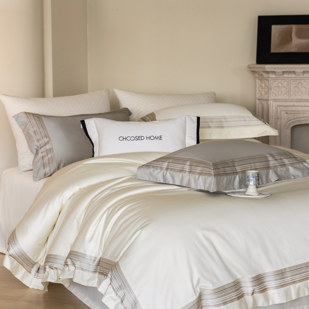 初拾 2026新款全棉纯棉简约刺绣老钱风四件套—圣托里尼 圣托里尼-星光白