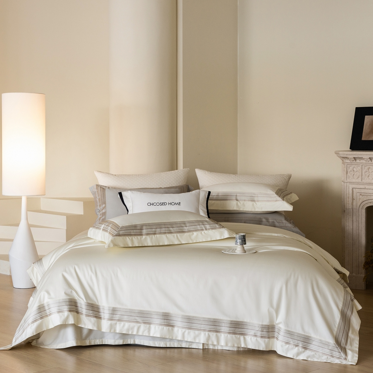 91家纺网 家纺一手货源 找家纺 初拾 2026新款全棉纯棉简约刺绣老钱风四件套—圣托里尼 圣托里尼-星光白