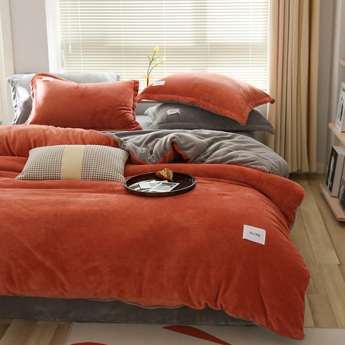 91家纺网 家纺一手货源 找家纺 日式无印风纯色拼色高克重230克宝宝绒牛奶绒华夫格四件套 铁锈红