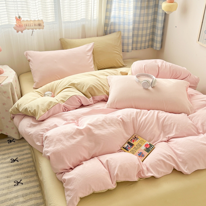 91家纺网 家纺一手货源 找家纺 （总）雨帆家纺 2026新款素色双拼水洗棉混搭四件套