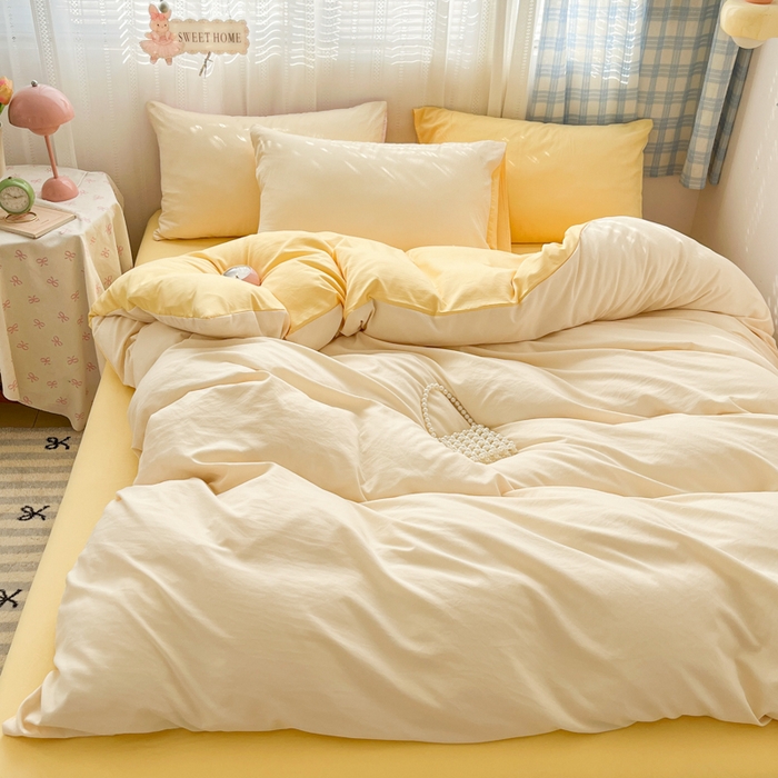 91家纺网 家纺一手货源 找家纺 （总）雨帆家纺 2026新款素色双拼水洗棉混搭四件套