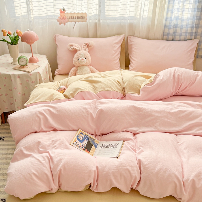 91家纺网 家纺一手货源 找家纺 （总）雨帆家纺 2026新款素色双拼水洗棉混搭四件套