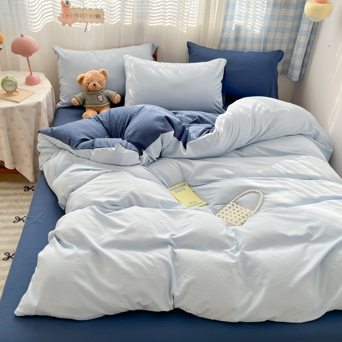 91家纺网 家纺一手货源 找家纺 雨帆家纺 2026新款素色双拼水洗棉混搭四件套 兰+深蓝