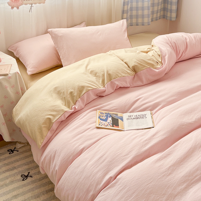 91家纺网 家纺一手货源 找家纺 雨帆家纺 2026新款素色双拼水洗棉混搭四件套 粉+浅黄