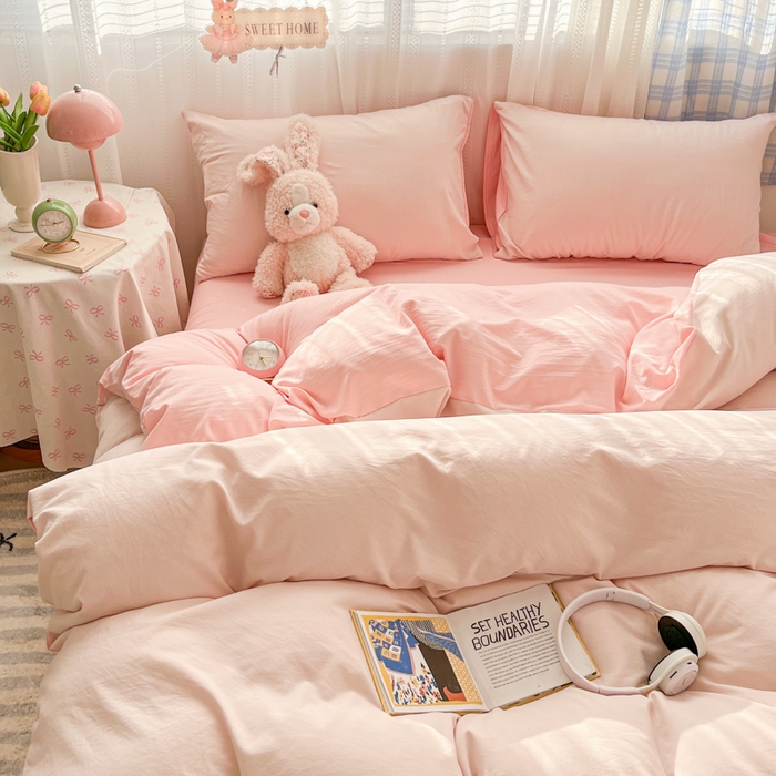 91家纺网 家纺一手货源 找家纺 雨帆家纺 2026新款素色双拼水洗棉混搭四件套 粉+玉