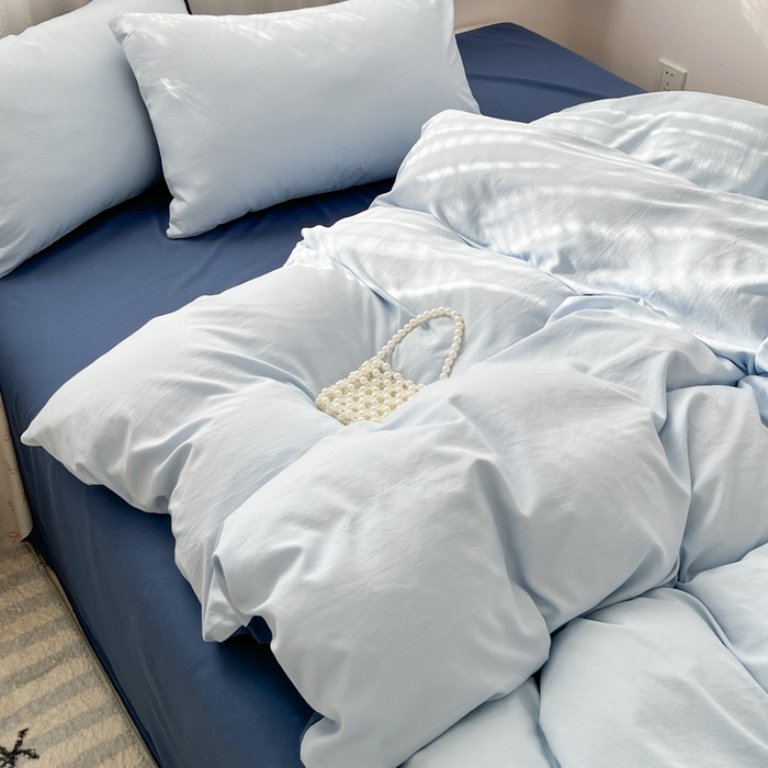 91家纺网 家纺一手货源 找家纺 雨帆家纺 2026新款素色双拼水洗棉混搭四件套 兰+深蓝