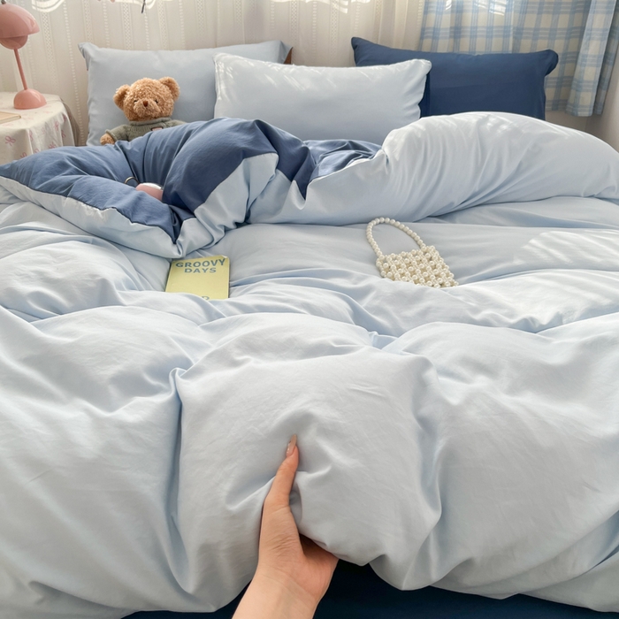 91家纺网 家纺一手货源 找家纺 雨帆家纺 2026新款素色双拼水洗棉混搭四件套 兰+深蓝