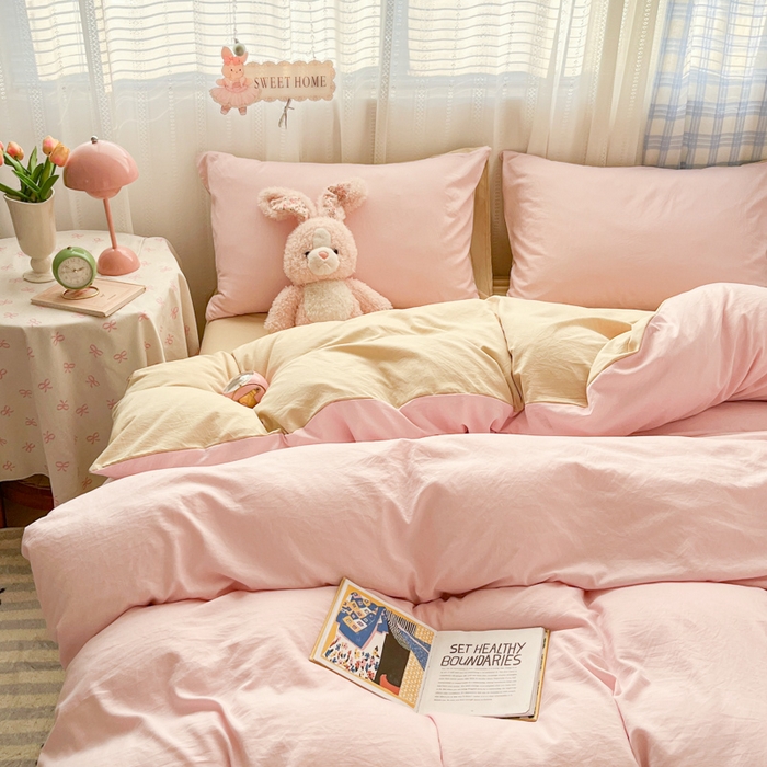 91家纺网 家纺一手货源 找家纺 雨帆家纺 2026新款素色双拼水洗棉混搭四件套 粉+浅黄