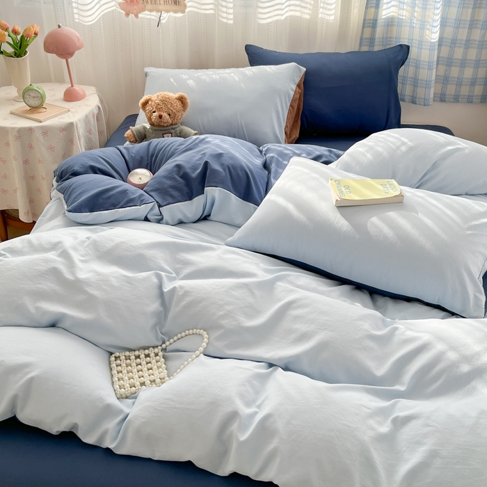 91家纺网 家纺一手货源 找家纺 雨帆家纺 2026新款素色双拼水洗棉混搭四件套 兰+深蓝
