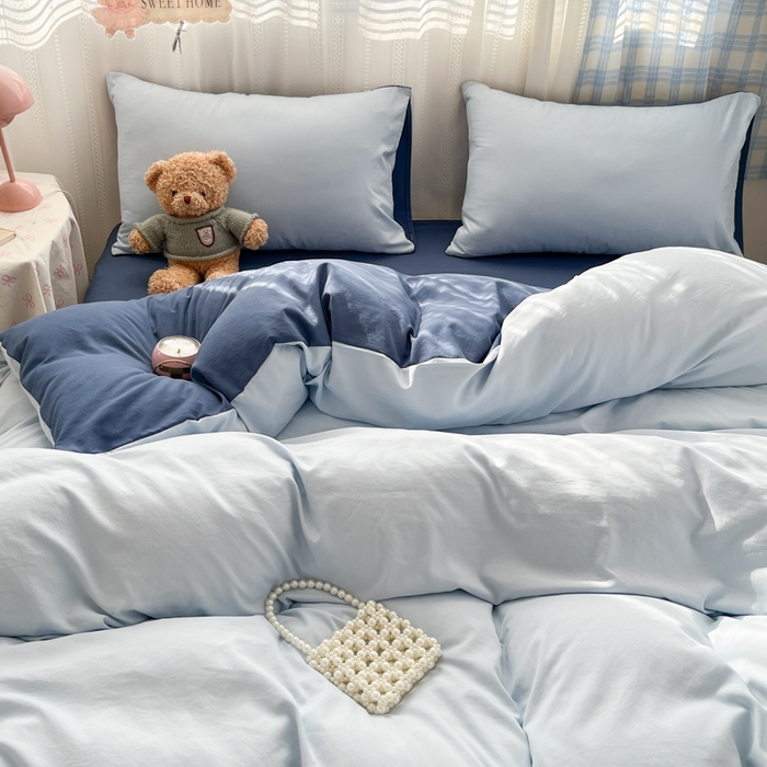 91家纺网 家纺一手货源 找家纺 雨帆家纺 2026新款素色双拼水洗棉混搭四件套 兰+深蓝