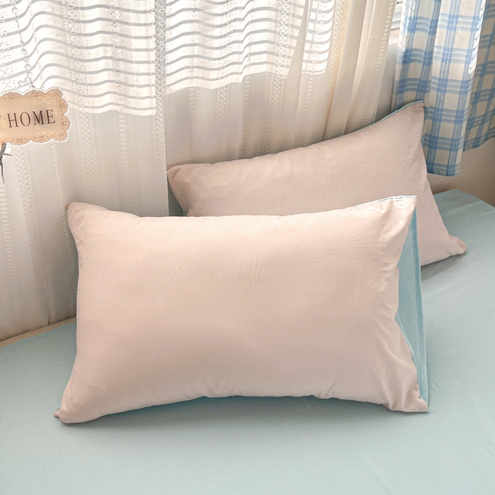 91家纺网 家纺一手货源 找家纺 雨帆家纺 2026新款素色双拼水洗棉混搭四件套 粉+天蓝