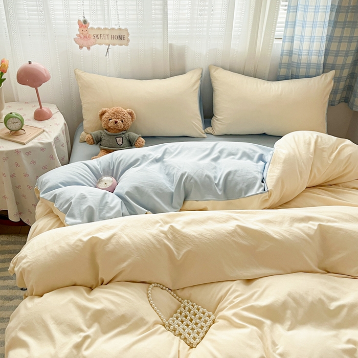 91家纺网 家纺一手货源 找家纺 雨帆家纺 2026新款素色双拼水洗棉混搭四件套 米黄+兰