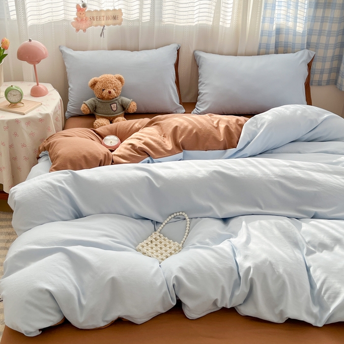 91家纺网 家纺一手货源 找家纺 雨帆家纺 2026新款素色双拼水洗棉混搭四件套 蓝+咖