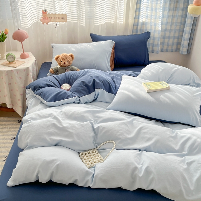 91家纺网 家纺一手货源 找家纺 雨帆家纺 2026新款素色双拼水洗棉混搭四件套 兰+深蓝