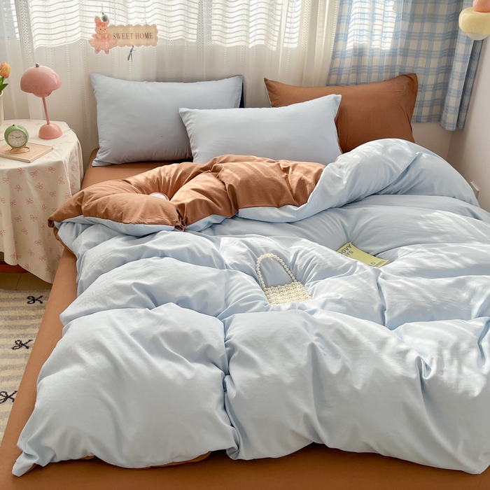 雨帆家纺 2026新款素色双拼水洗棉混搭四件套 蓝+咖