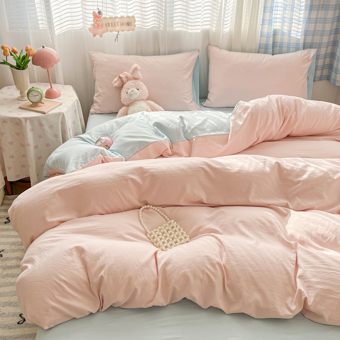 91家纺网 家纺一手货源 找家纺 雨帆家纺 2026新款素色双拼水洗棉混搭四件套 粉+天蓝