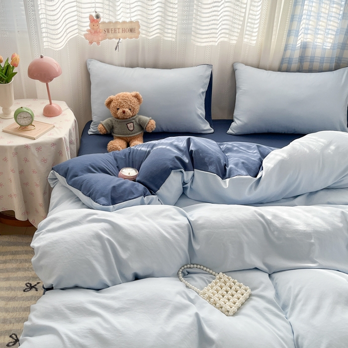 91家纺网 家纺一手货源 找家纺 雨帆家纺 2026新款素色双拼水洗棉混搭四件套 兰+深蓝