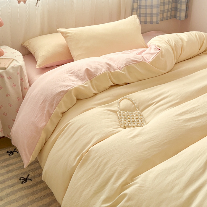 91家纺网 家纺一手货源 找家纺 雨帆家纺 2026新款素色双拼水洗棉混搭四件套 浅黄+粉