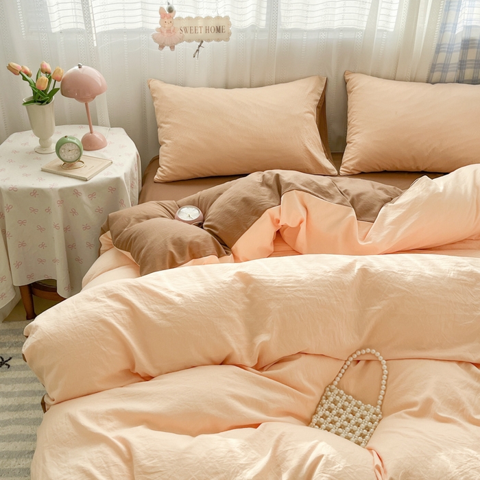 91家纺网 家纺一手货源 找家纺 雨帆家纺 2026新款素色双拼水洗棉混搭四件套 玉+咖